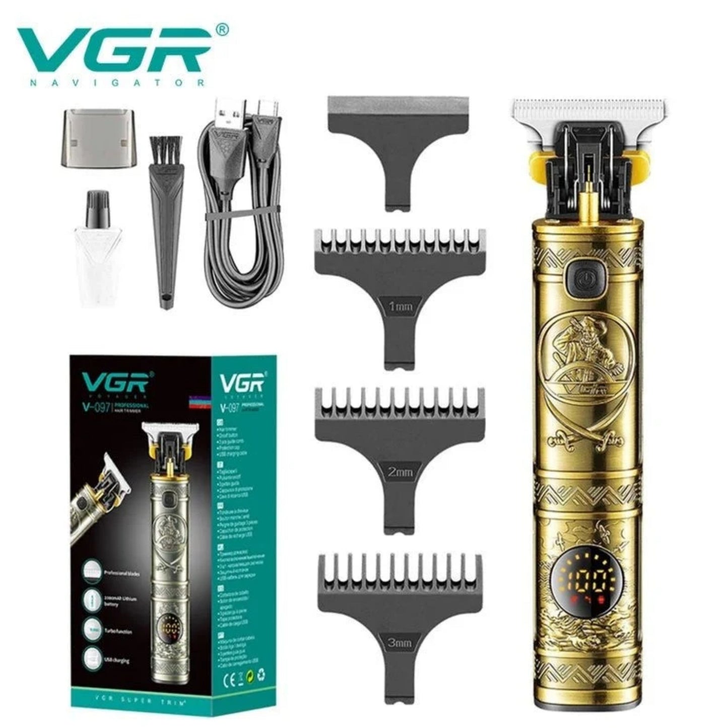 VGR, V-097 Hair Clipper Professional Rechargeable Personal Care Lcd Salon Scissors T9 Trimmer Usb Reduction Barber Haircut VGR, V097