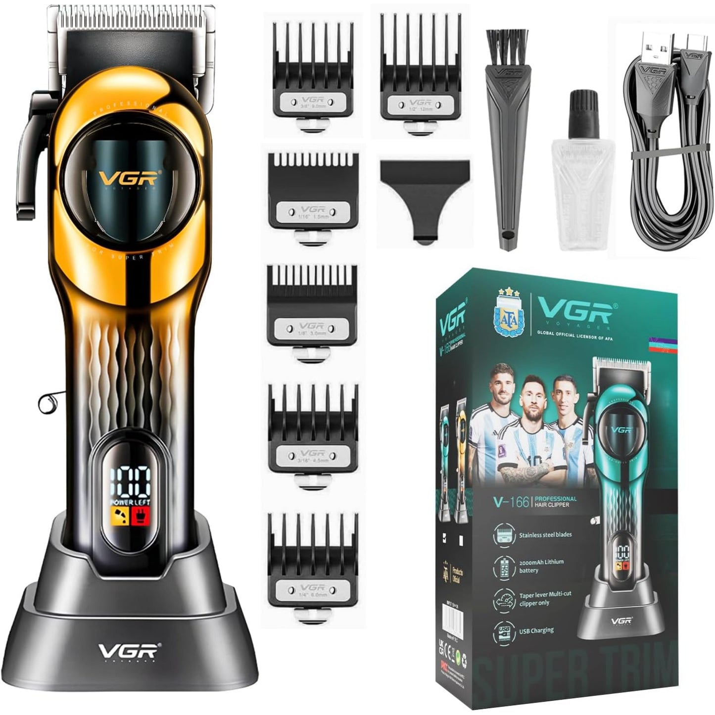 VGR V-166 Professional Hair Clipper with Stainless Steel Blades, 200 min Runtime, 2000mAh Lithium Battery, Taper Lever & Type-C USB Cable, Led Display,...