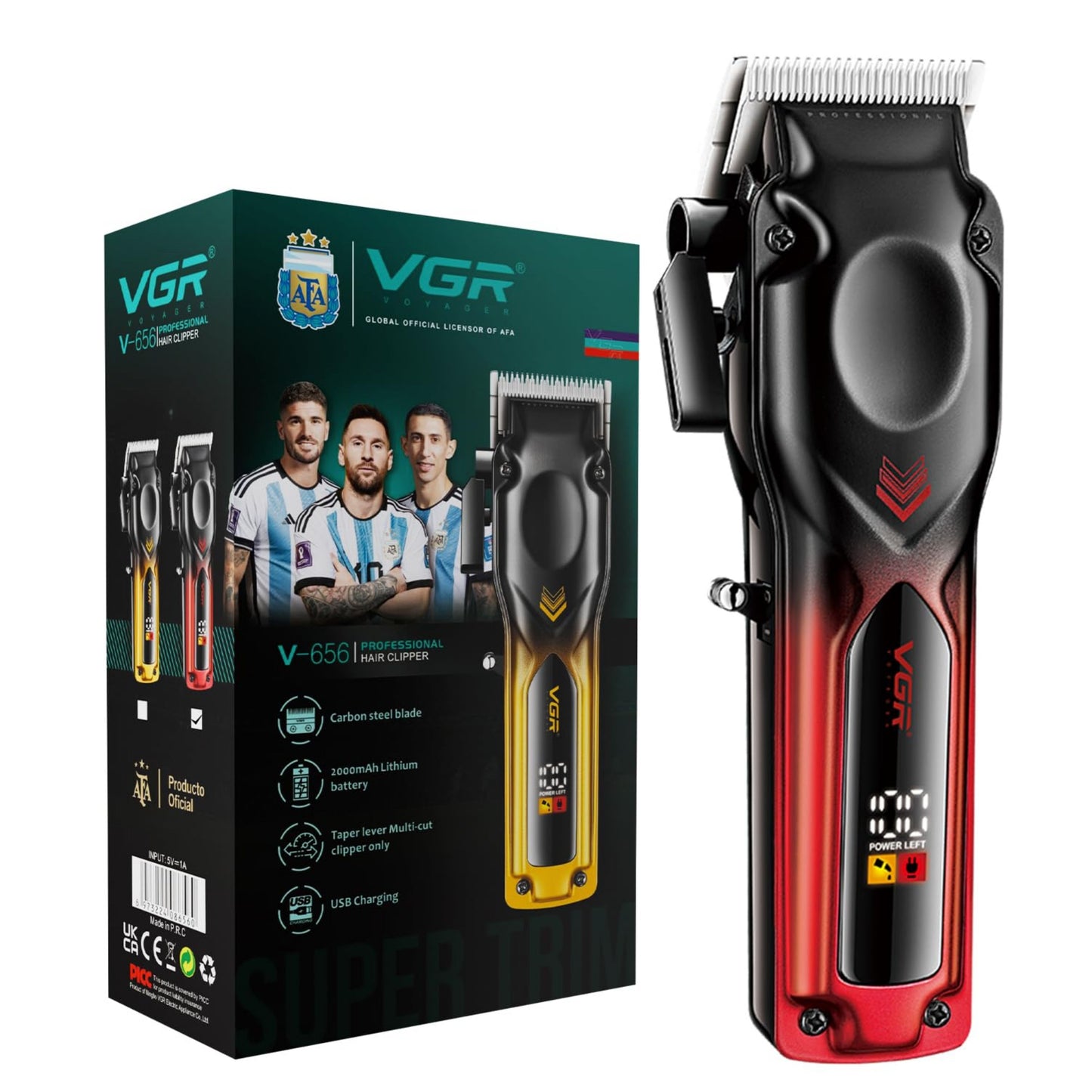VGR V-656 Professional Hair Clipper for Men – Ceramic & Stainless Steel Blades, 2000mAh Lithium Battery, 400 Min Runtime, 6x Guide Combs, Turbo Function...