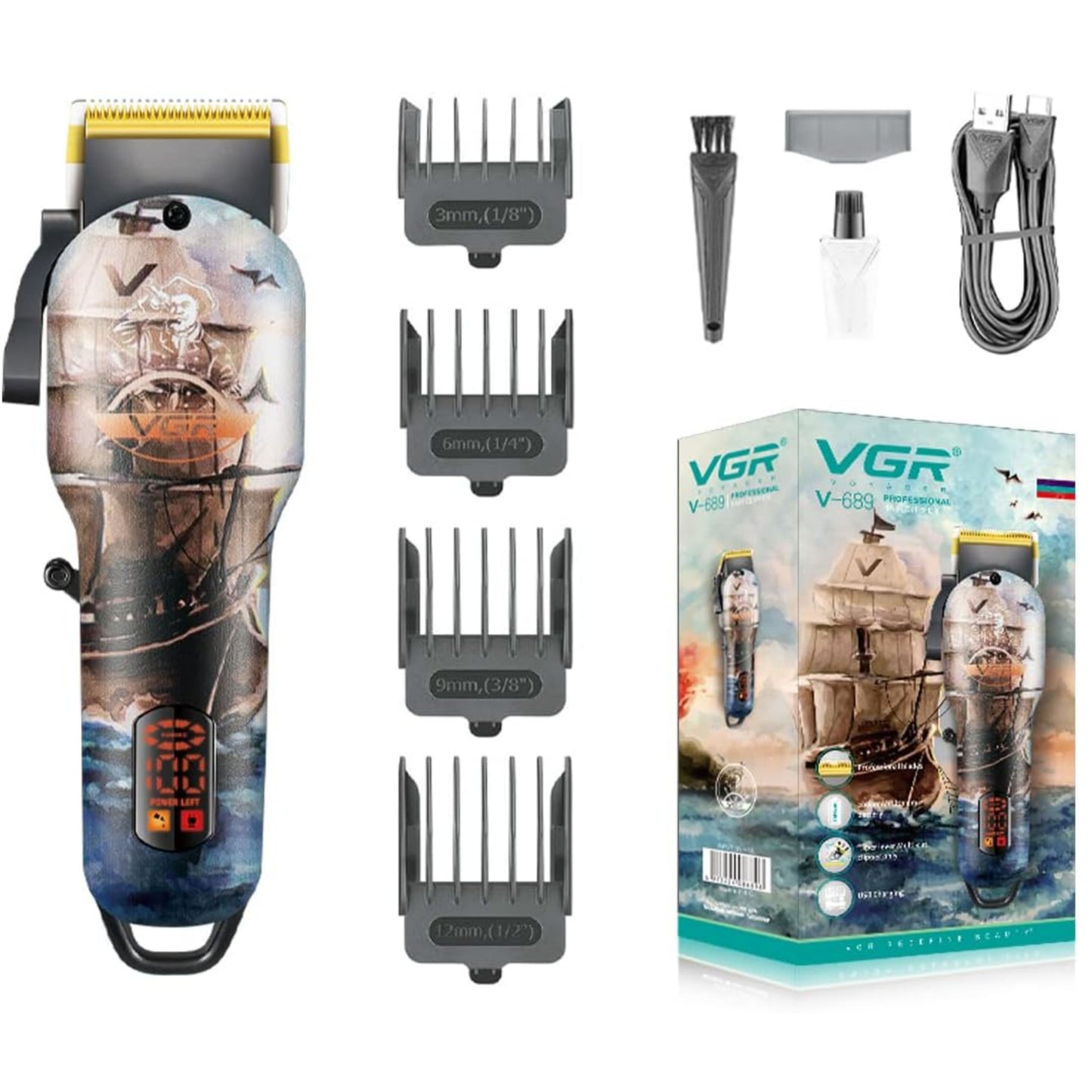 VGR V-689 Professional Rechargeable cordless Hair Clipper with LED Display, Titanium coated Blades, USB Charging cable, 4 Guide Comb, Taper Lever Adjustments Runtime: 180 mins, 2000 mAh Li-ion Battery