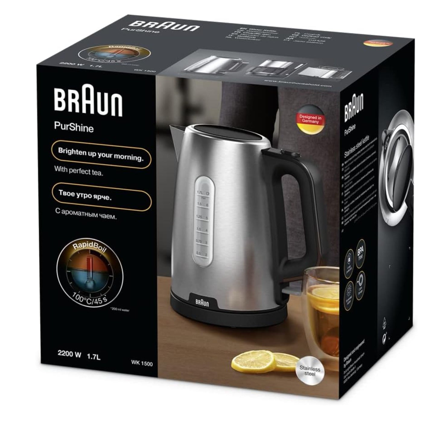 Braun  PurShine Water kettle, 2200 Watts, 1.7L Capacity, Black, Stainless Steel