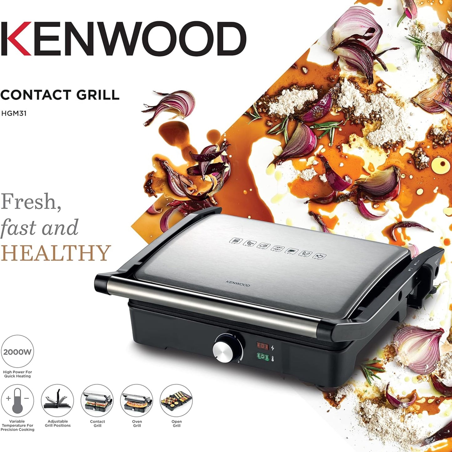 KENWOOD Grill 2000W Contact Health Grill Panini Press with Variable Temperature, 3 Grill Positions