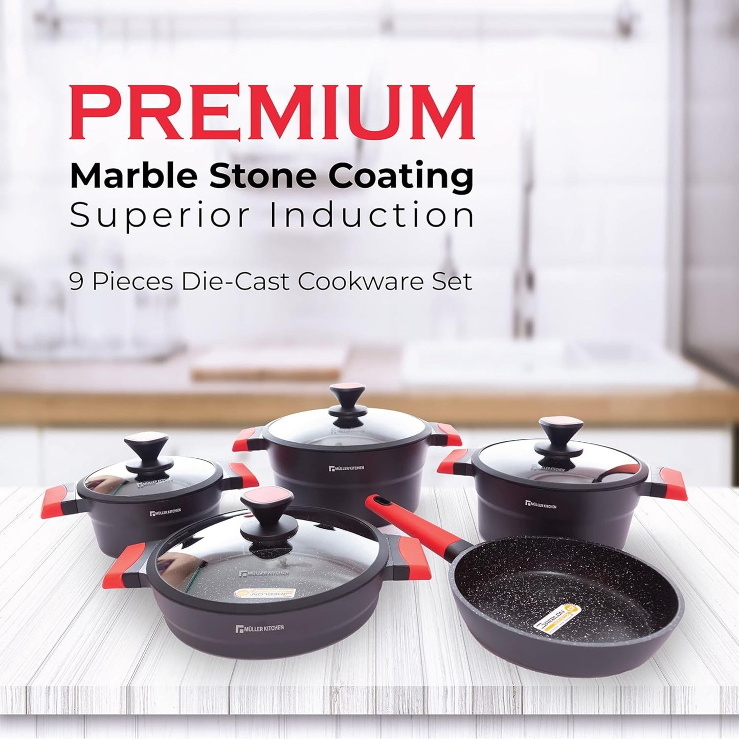 Müller Kitchen  10-Piece Marble Coated Induction Cookware Set - RED