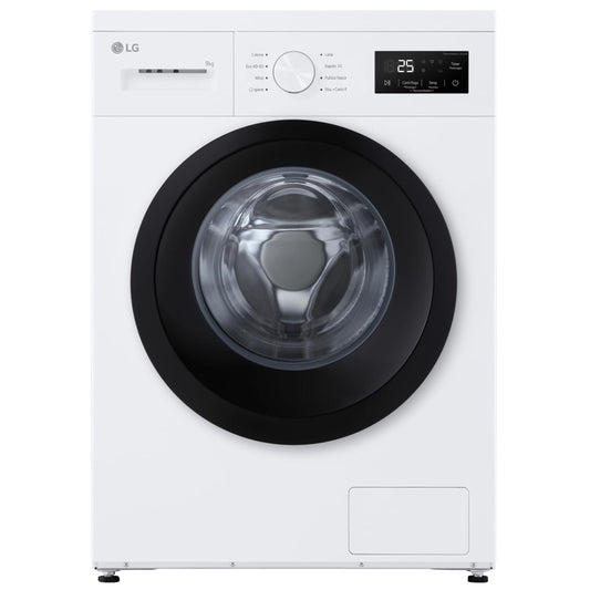 LG  Washing Machine 9 kg Front Loading Series A1, Class A, 1400 RPM, Steam Hygiene Program, Removable Top, Freestanding, Minimalist Design, White