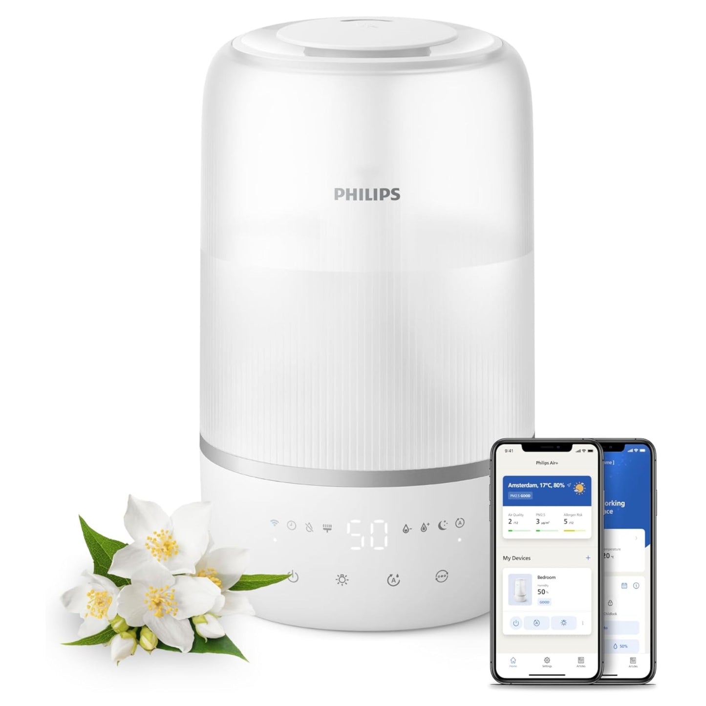 Philips Smart Humidifier - Compact but powerful with SkyHigh Mist, up to 32 hours runtime, 3L water tank refill, silent with sleep mode and night light, for (bedroom) rooms up to 38 m²