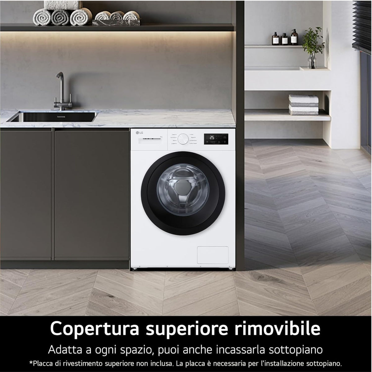 LG  Washing Machine 9 kg Front Loading Series A1, Class A, 1400 RPM, Steam Hygiene Program, Removable Top, Freestanding, Minimalist Design, White