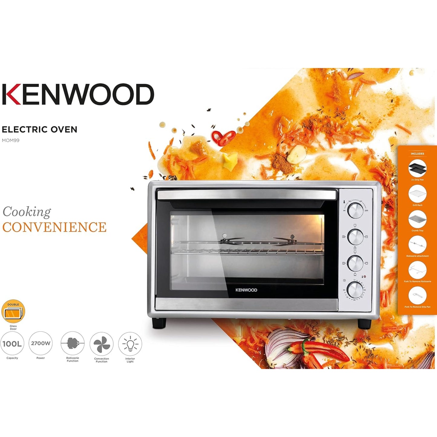 KENWOOD 100L Oven - Oven Toaster Grill Large Capacity Double Glass Door Multifunctional with Rotisserie and Convection Function for Grilling, Toasting, Broiling, Baking,Defrosting - Silver