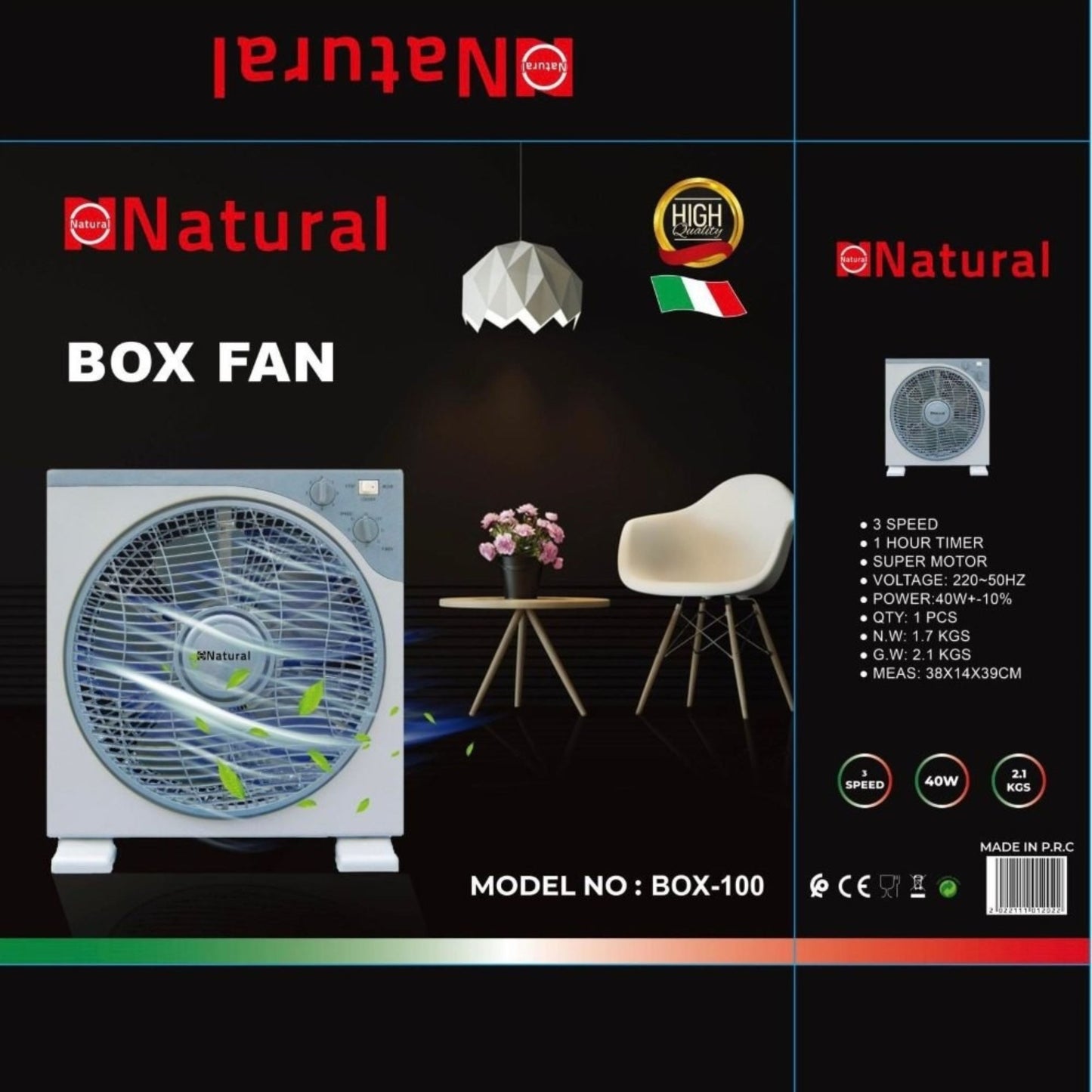 Natural, Square Box Fan full square 3 Speed 40W