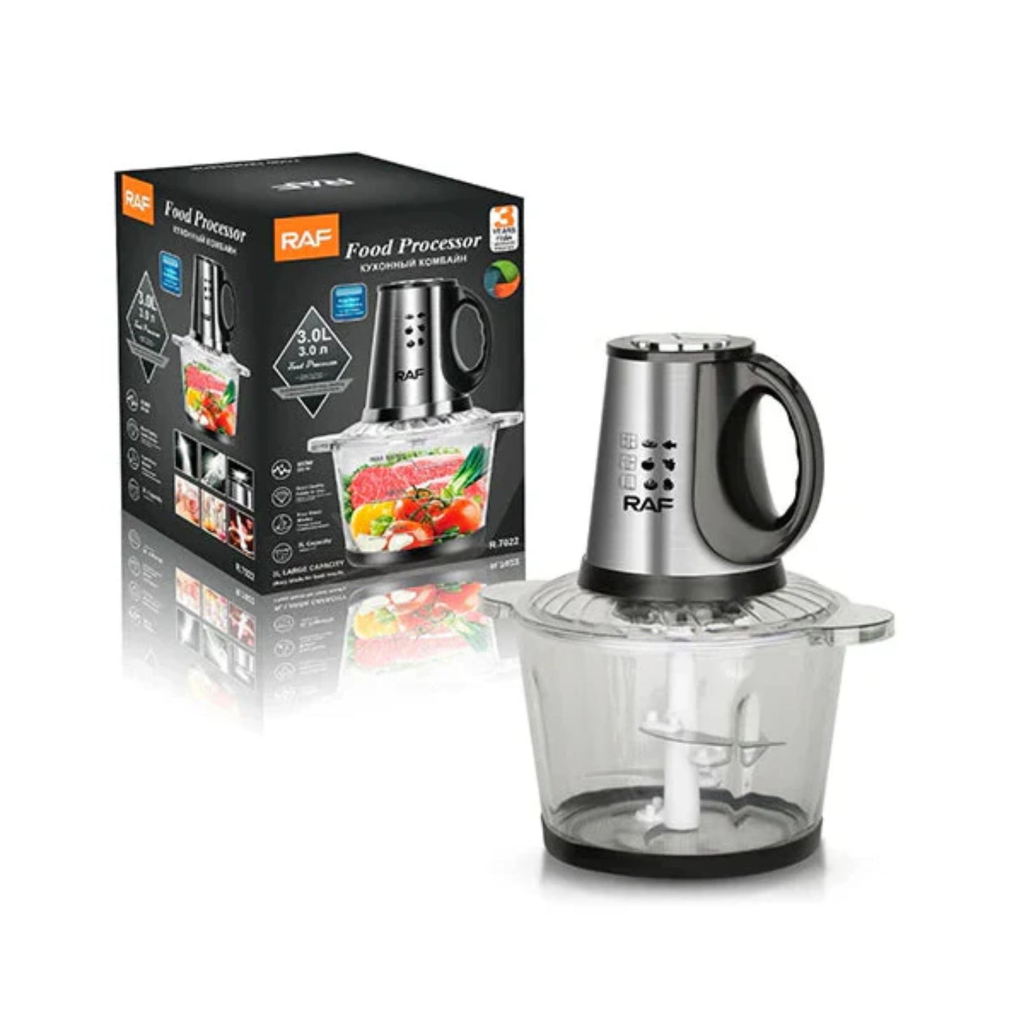 RAF Food Processor, 4-Blade Chopper 800W, 3L Glass Bowl