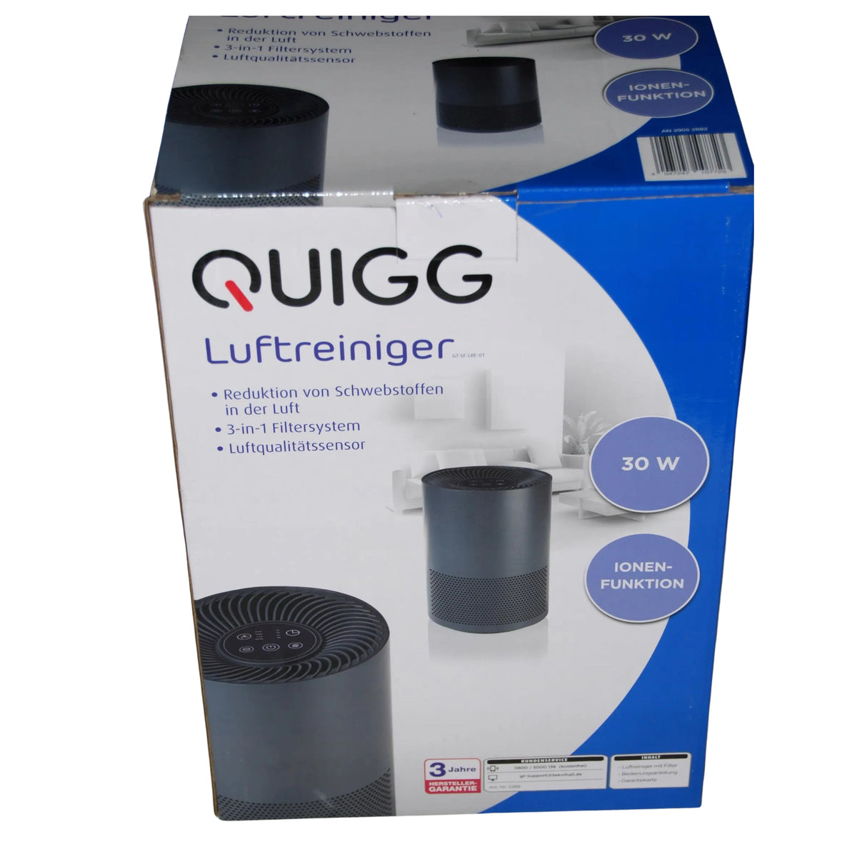 QUIGG Air Purifier 30W Dual Filtration System: EPA Filter, Activated Carbon Filter - Black