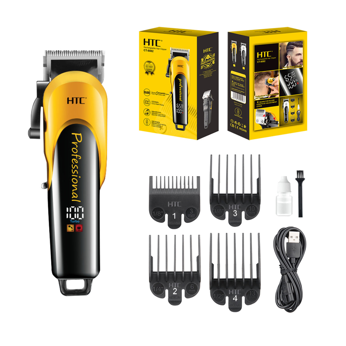HTC  Professional Hair Clipper Ceramic Blade Rechargeable Electric Cordless Barber Clipper for Men Hair Cutting Machine