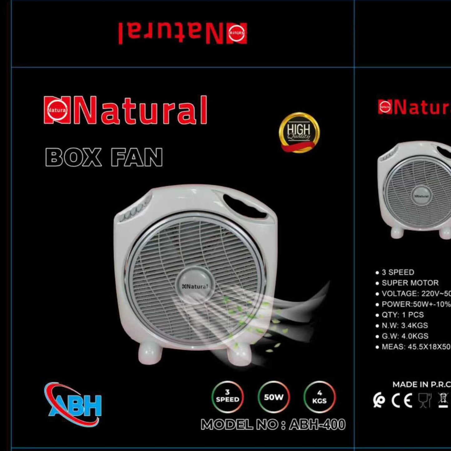 Natural, Square Box Fan round with grip 3 Speed 50W