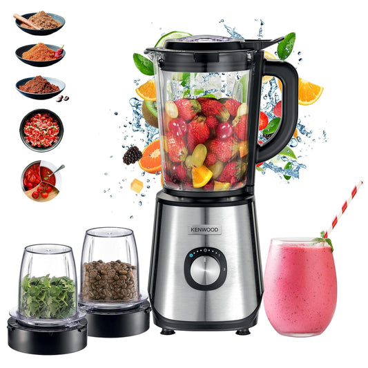 Kenwood Glass 1000W Power Blender Blender/Smoothie Maker 2 L With Grinder Mill, Chopper Mill, Ice Crush Function Black/Silver