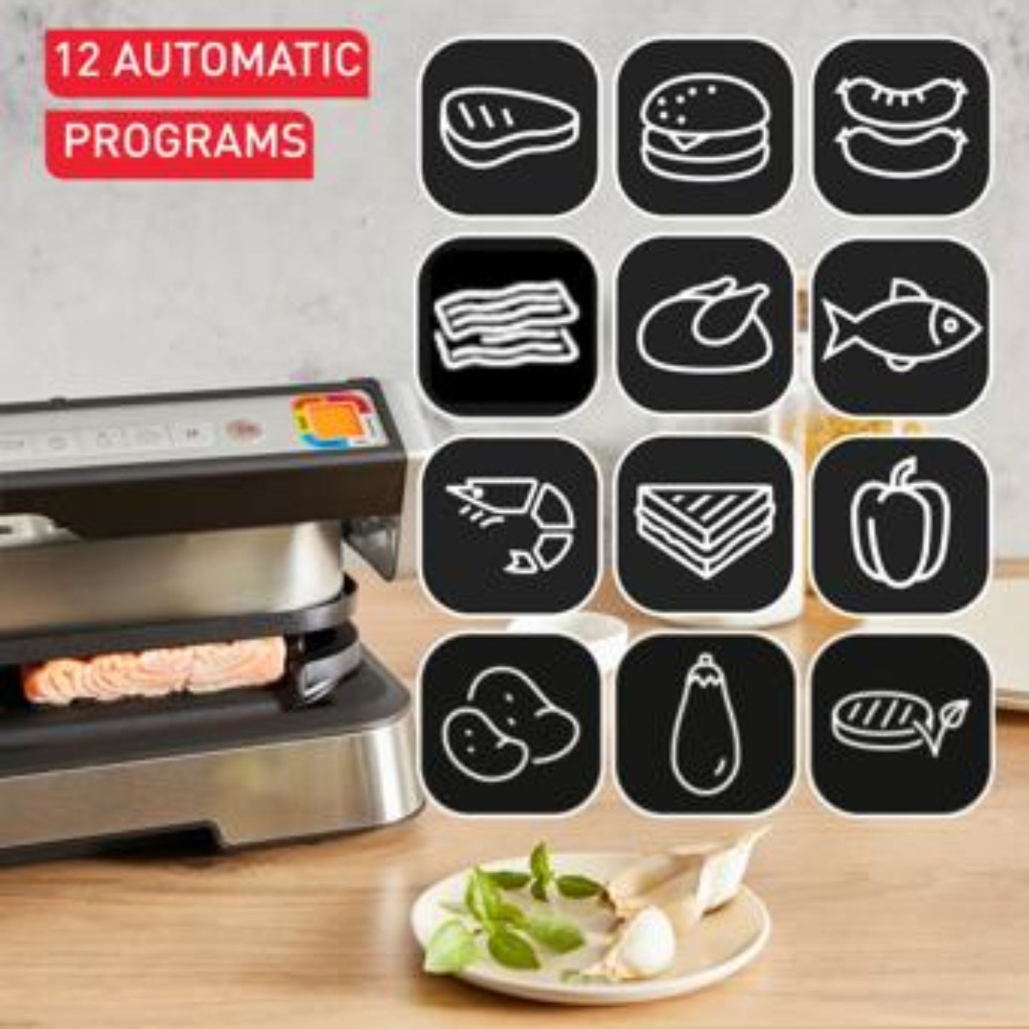Tefal OptiGrill 2-in-1 XL contact barbecue, foldable, 12 programs, cooking level display, removable XL plates, electric barbecue, silver