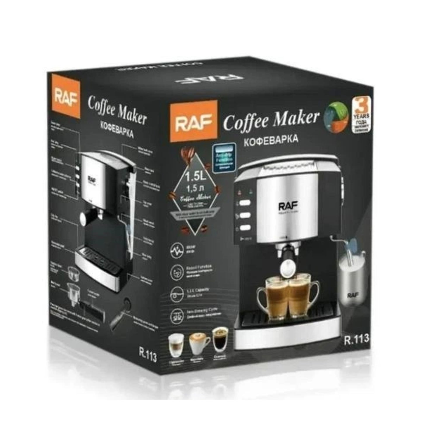 RAF  Semi-Automatic Coffee Maker with Cappuccino Maker – 2 Cups, 1.6L, 850W