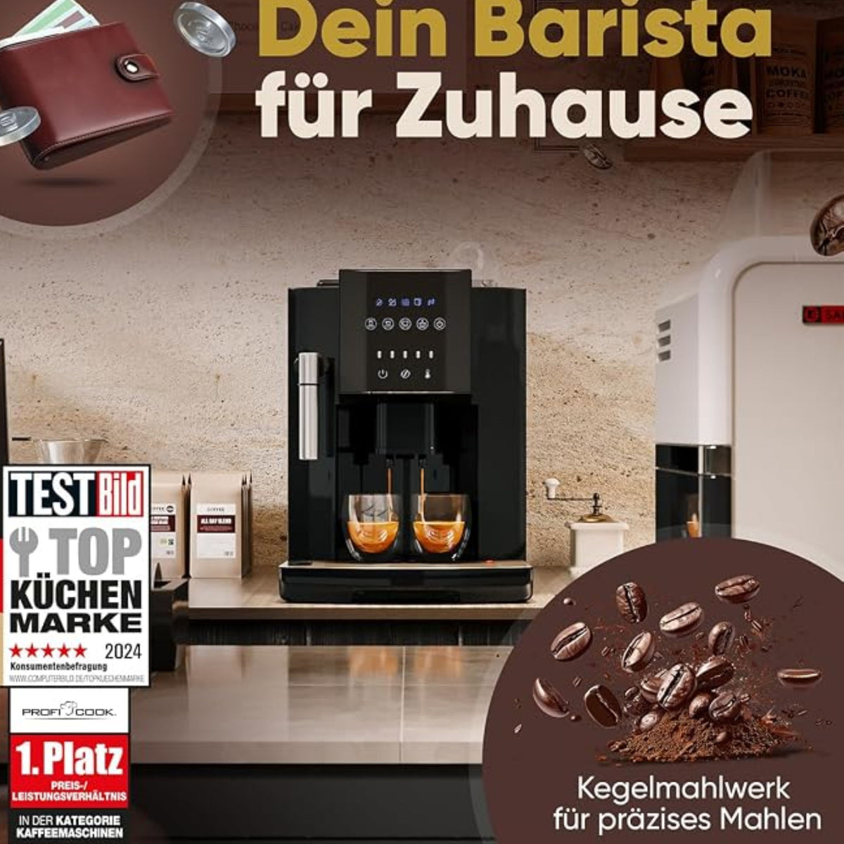 ProfiCook Fully Automatic Coffee Machine With Milk Frothing Nozzle 1450W