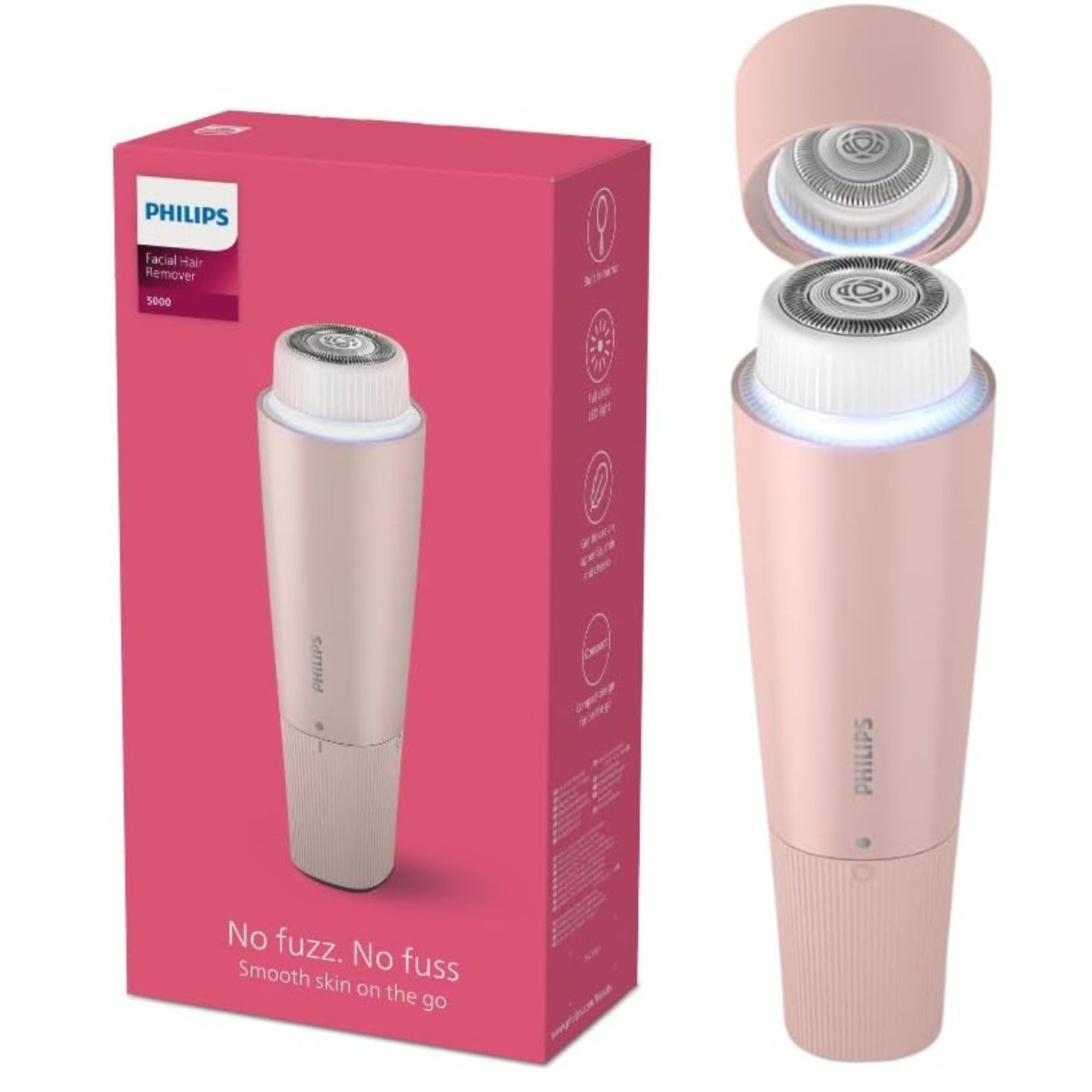 Philips 5000 Series Facial Hair Remover smooth skin on the go for upper lip, chin, cheeks, Lychee Pink,