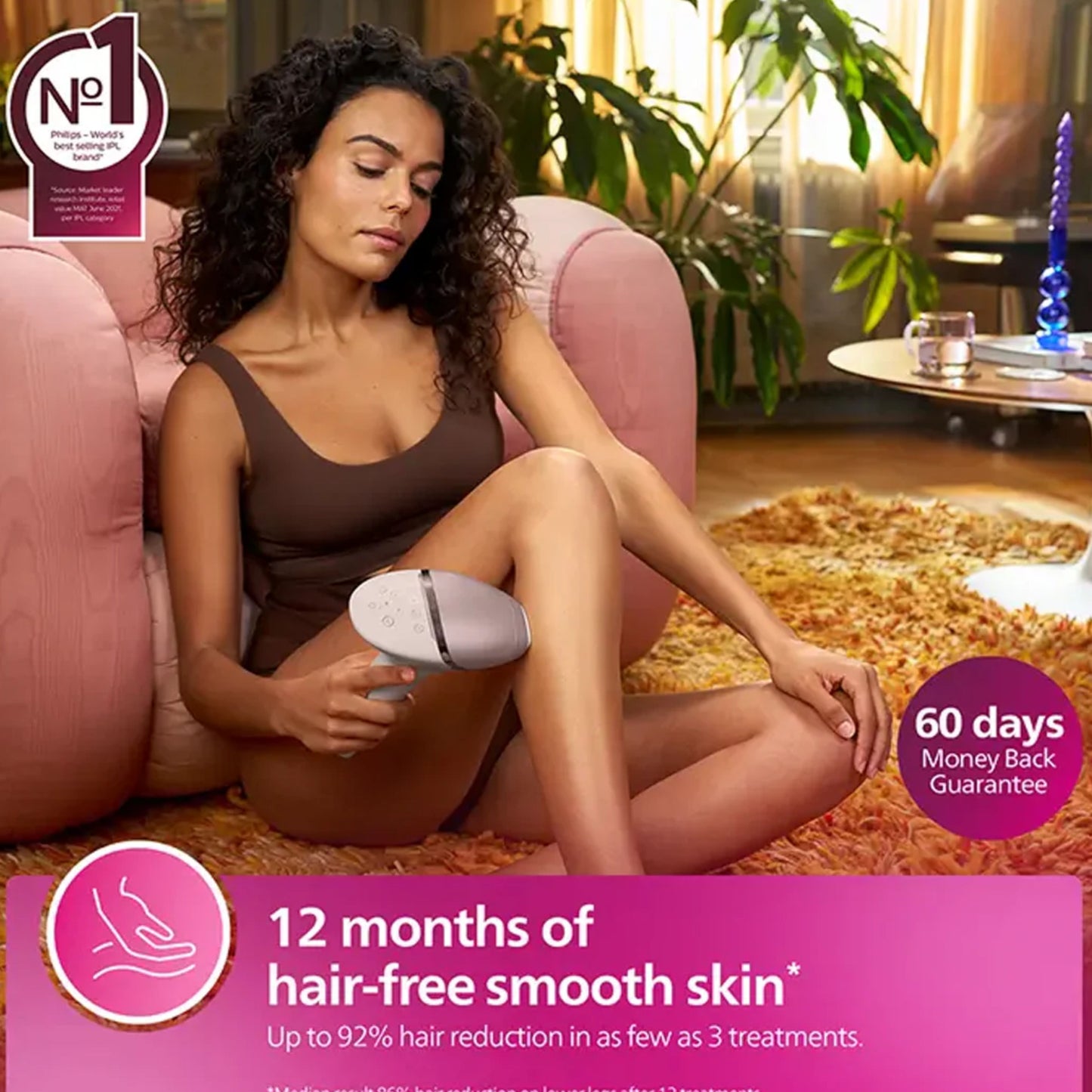 Philips Lumea IPL 9000 Series SenseIQ Cordless IPL Hair Removal Pink - 450,000 light pulses (flashes)