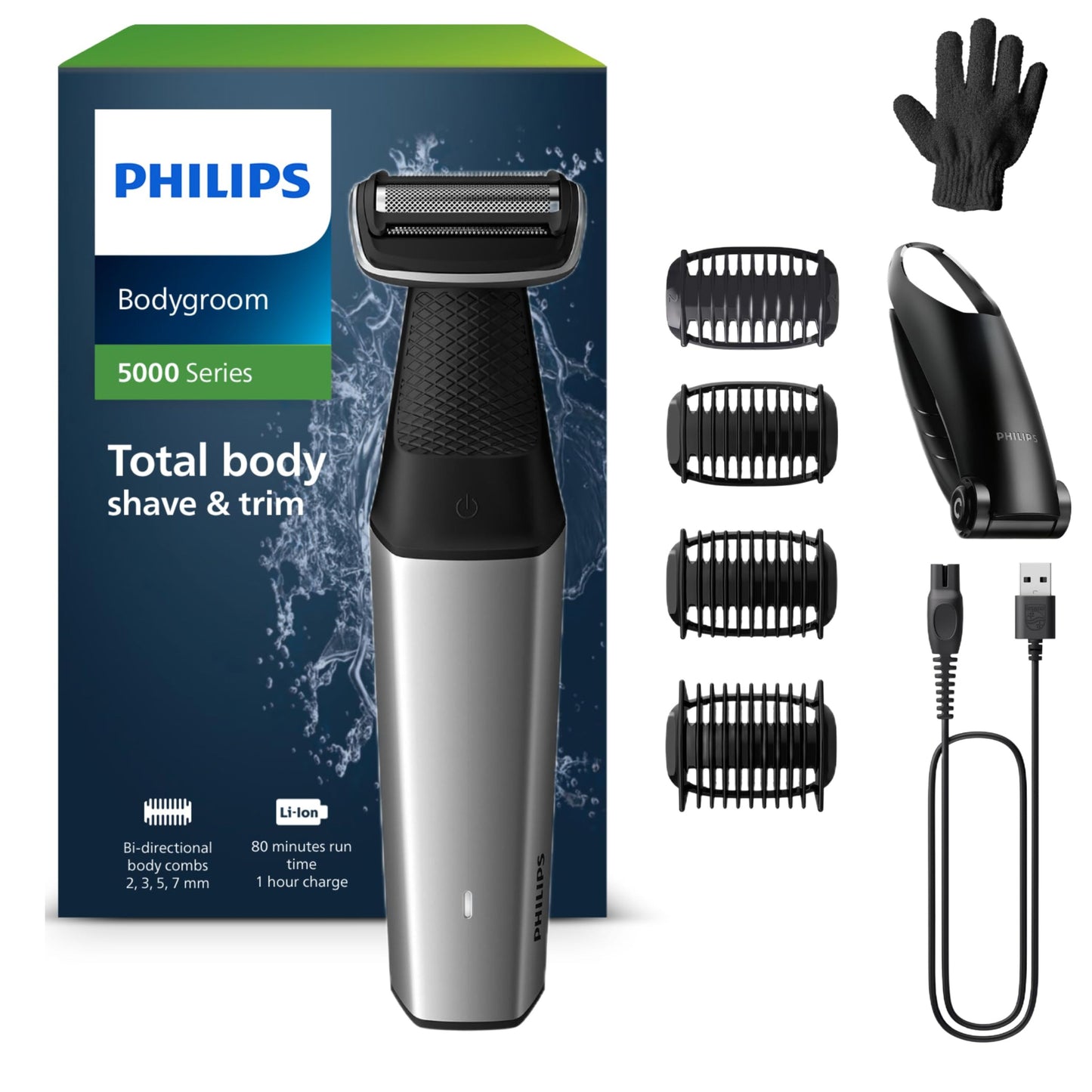 Philips Bodygroom Series 5000, Showerproof Groin and Body Trimmer, Close and Comfortable Shave, Complete Body Grooming Including Back, 60 Min. Runtime,