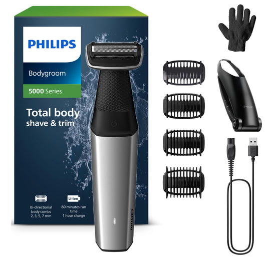 Philips Bodygroom Series 5000, Showerproof Groin and Body Trimmer, Close and Comfortable Shave, Complete Body Grooming Including Back, 60 Min. Runtime,