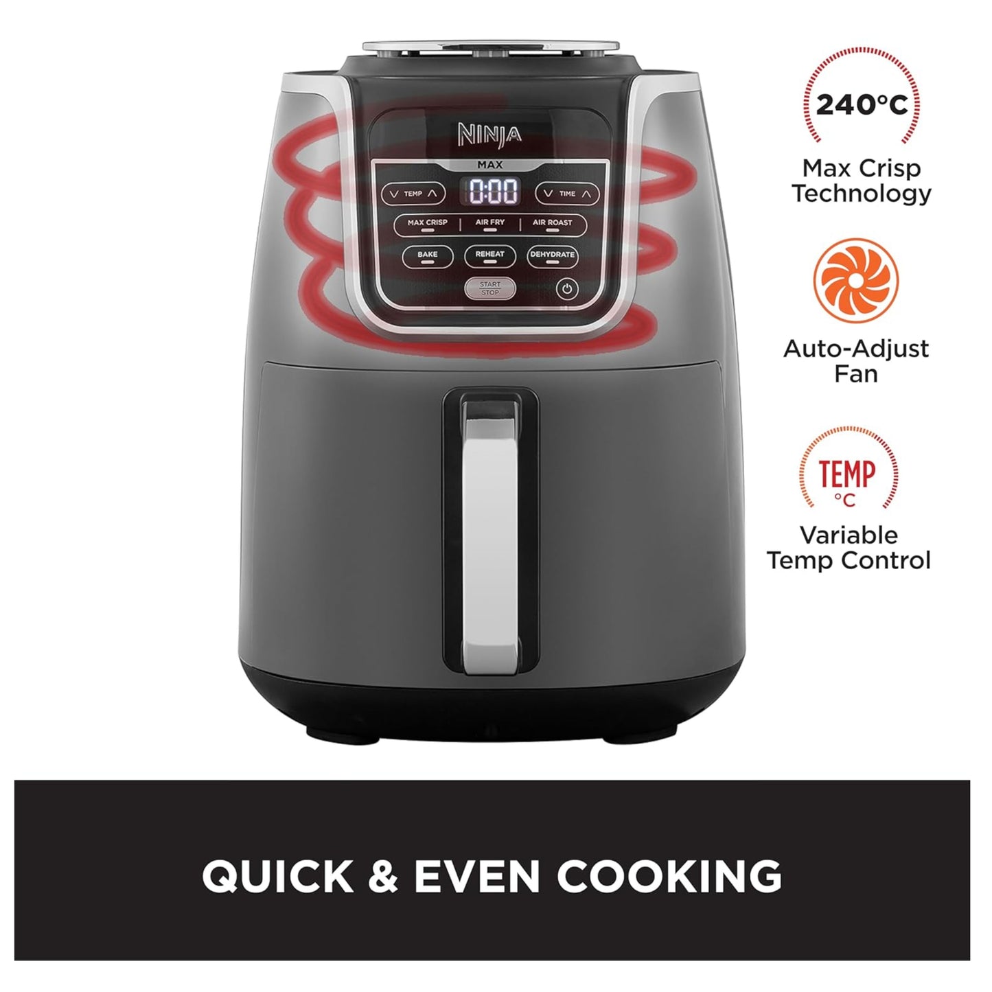 Ninja Air Fryer Max Xl, Max Crisp, Air Roast, Bake, Reheat, Dehydrate, 5.2 Liters, 1750 Watts, Grey and Black,