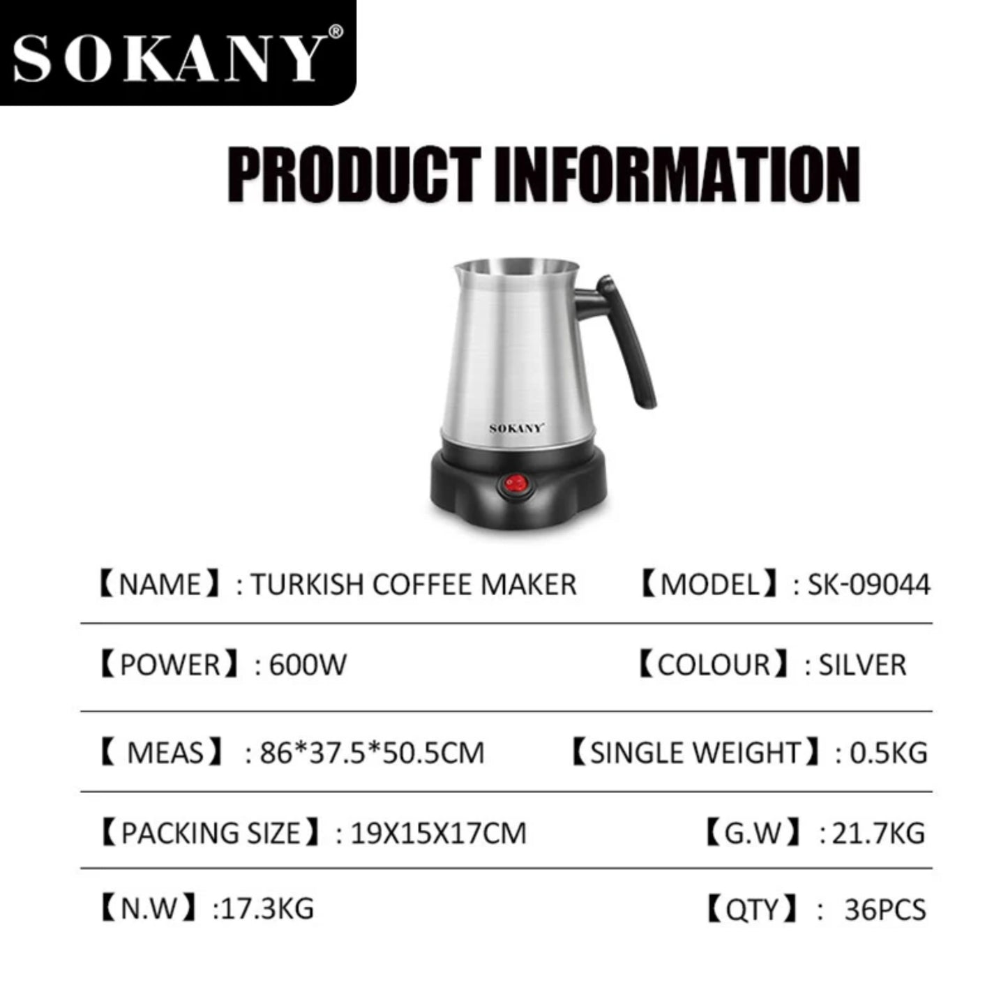 SOKANY Stainless Steel Turkish Coffee Maker Easy 600W - 800ml