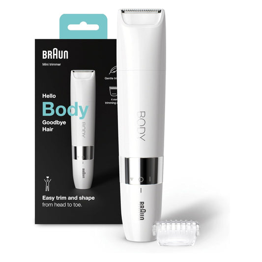 Braun Body Mini Trimmer, Gentle Body Hair Removal, Precision Trimmer, Wet & Dry, 100% Waterproof,, White