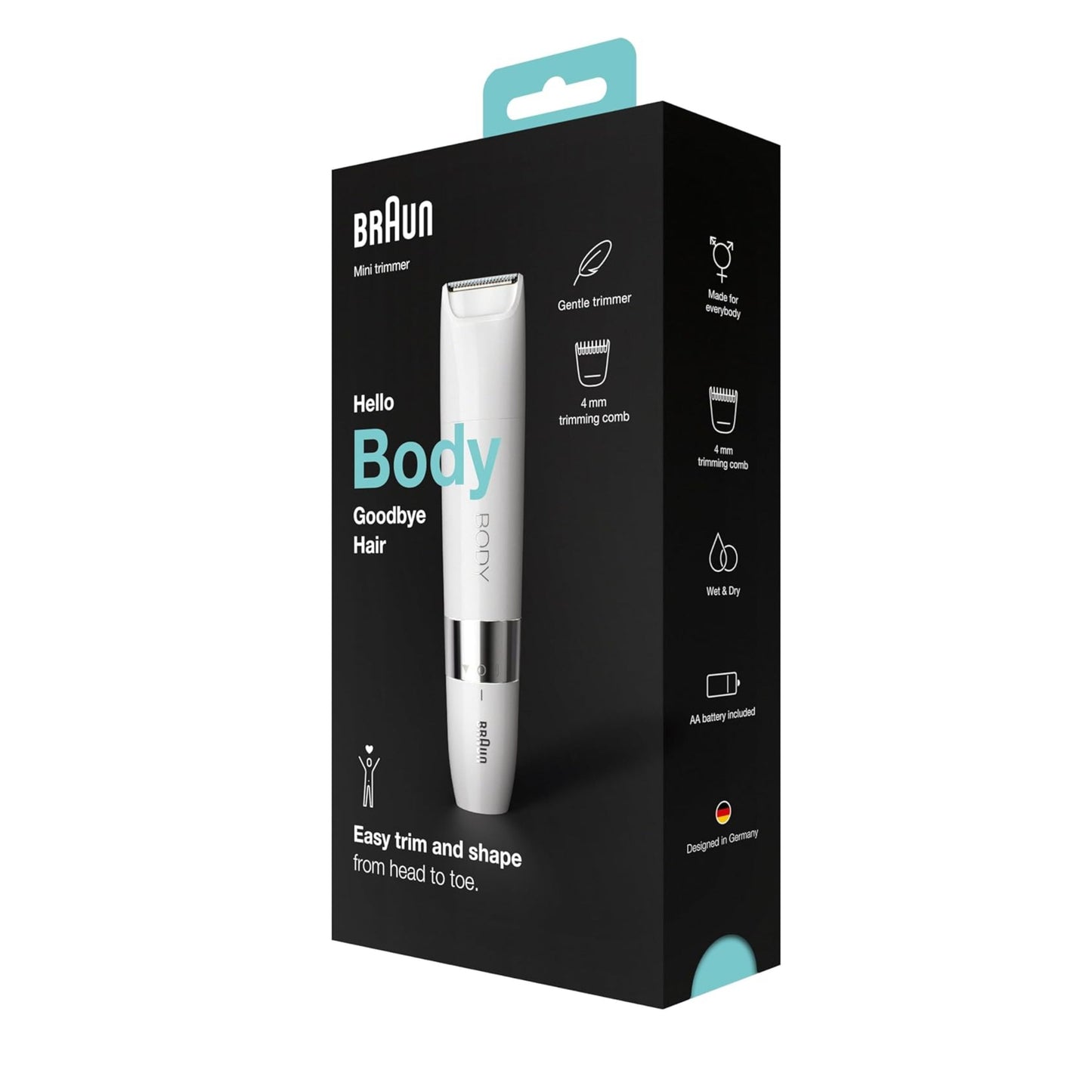 Braun Body Mini Trimmer, Gentle Body Hair Removal, Precision Trimmer, Wet & Dry, 100% Waterproof,, White