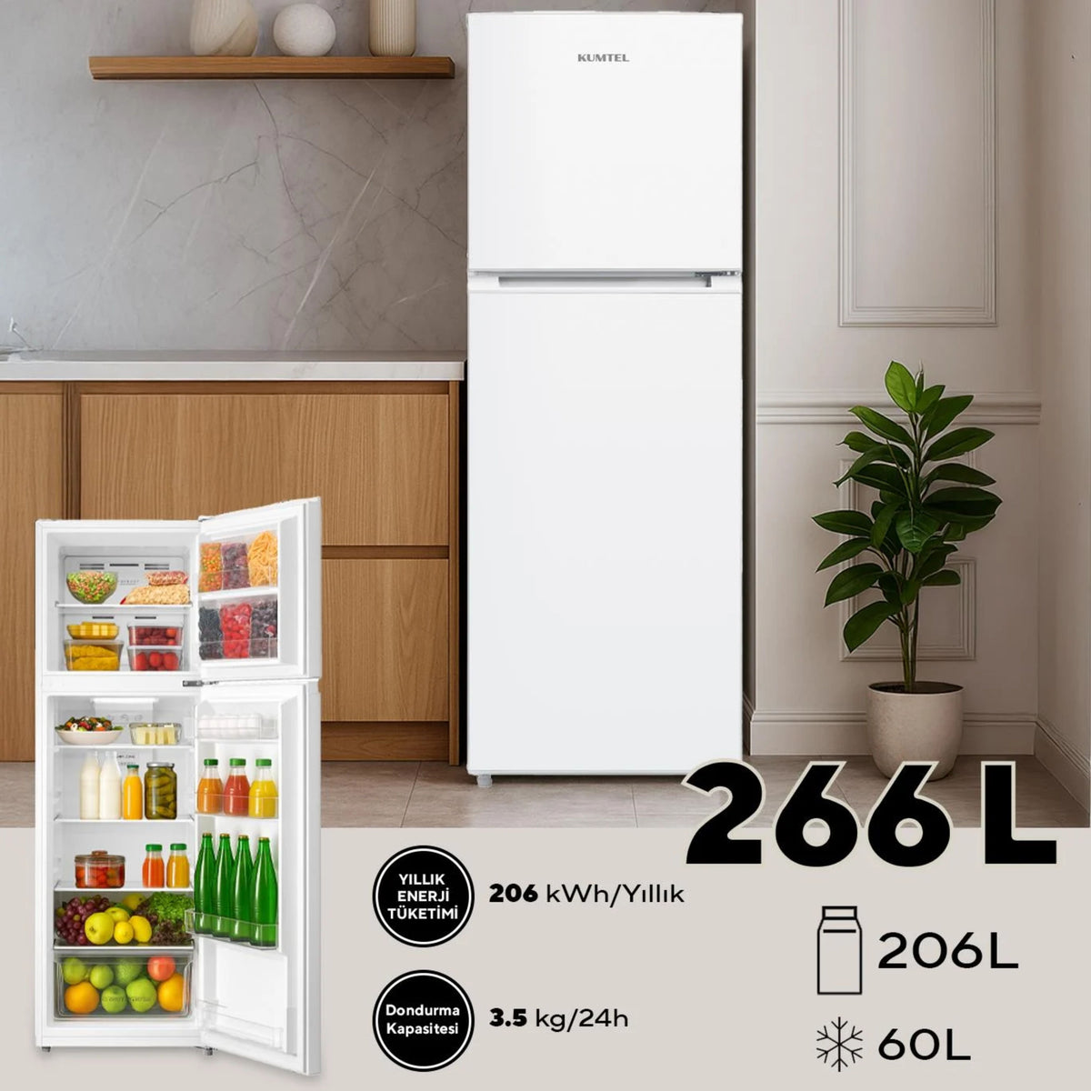 KUMTEL REFRIGERATOR WHITE 266L No Frost