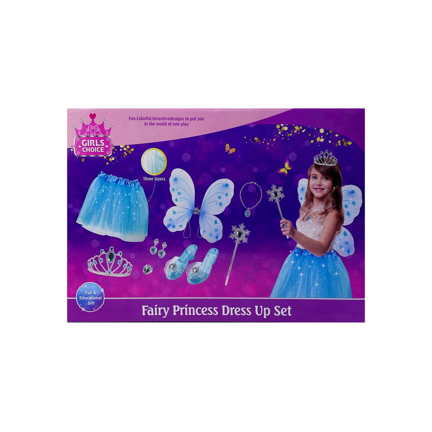 Princess Blue Dress With Heels, Wand, Earings , Necklace, Ring And a tiara