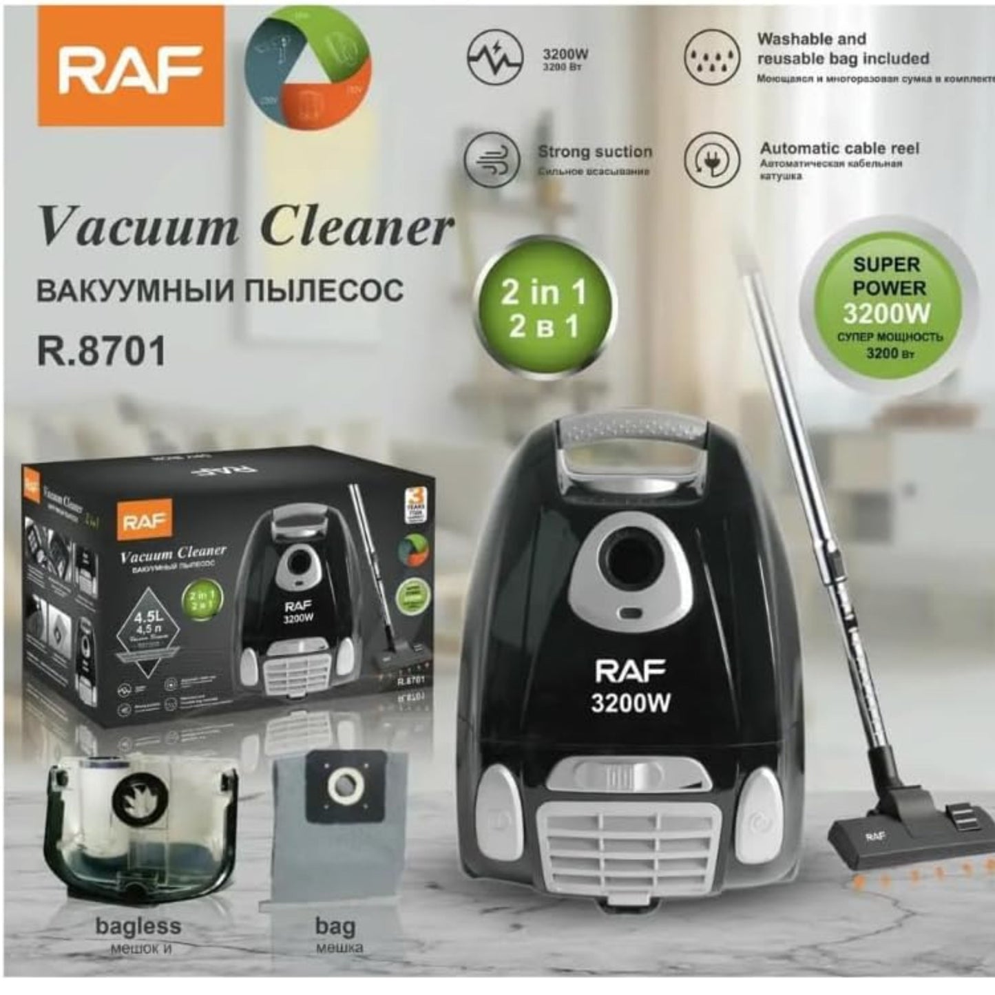 RAF Vacuum Cleaner 4.5L 2 In 1 3200 Watt