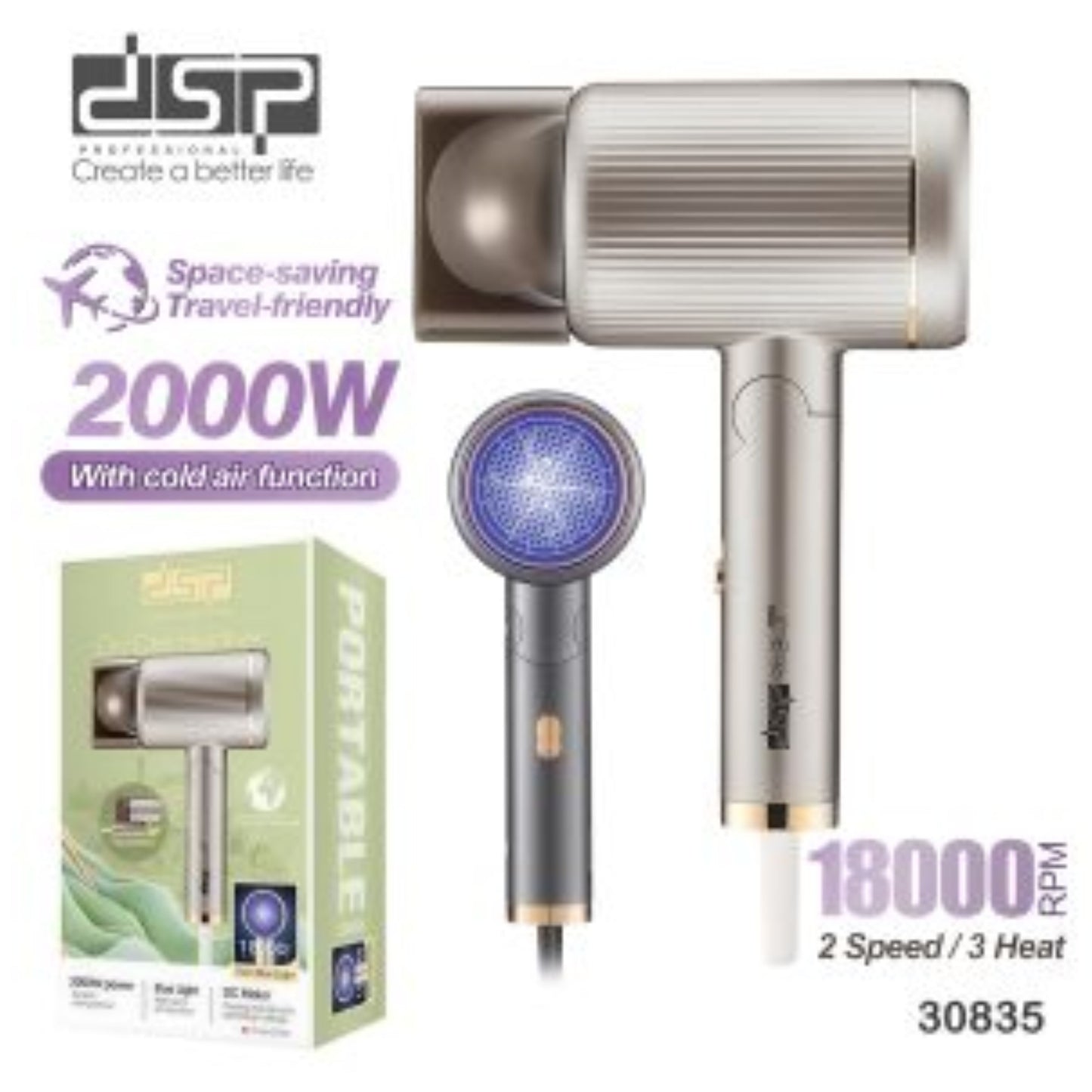 DSP  Professional Foldable Hair Dryer – 2000W Power