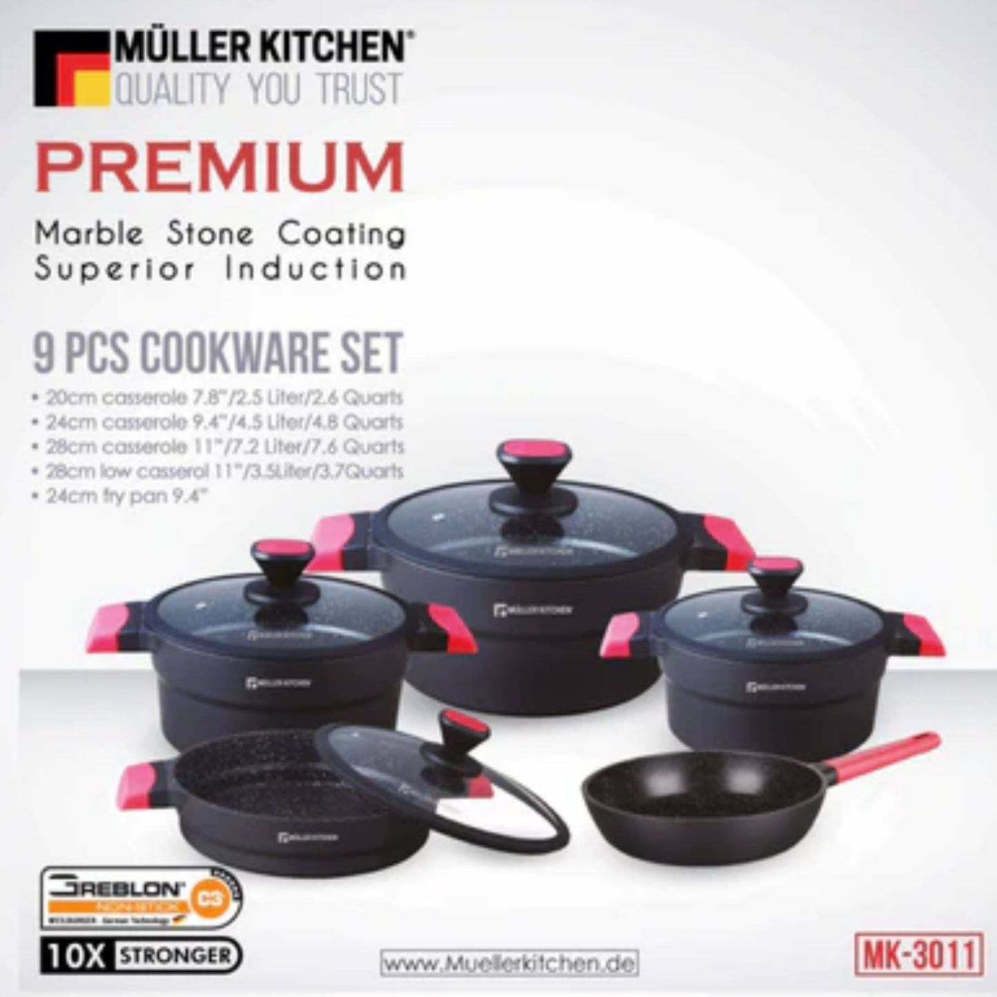 Müller Kitchen  10-Piece Marble Coated Induction Cookware Set - RED