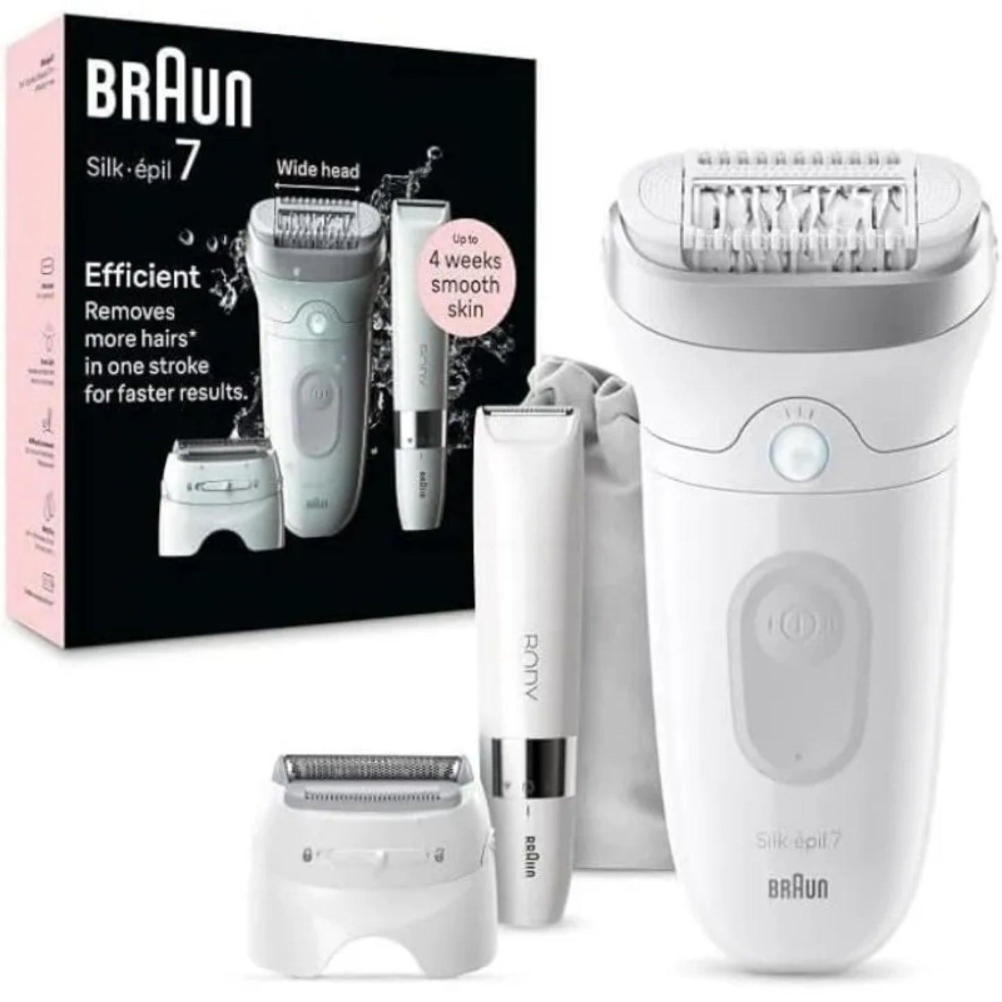Braun – Silk-epil 7 Women’s Epilator/Hair Remover for Long Lasting Hair Removal, Mini Body Razor, Razor Attachment and Trimmer Attachment, white/silver