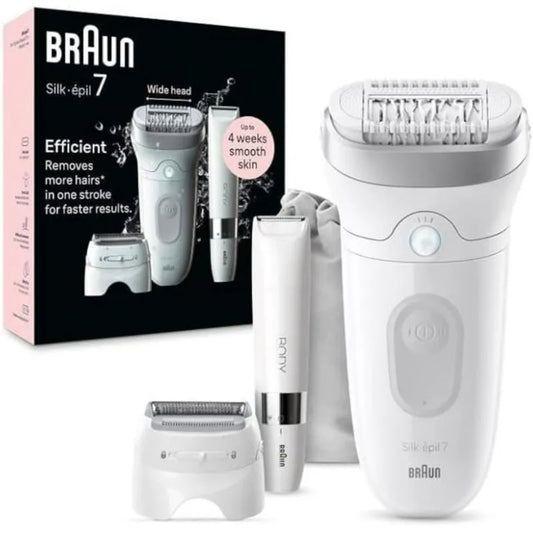 Braun – Silk-epil 7 Women’s Epilator/Hair Remover for Long Lasting Hair Removal, Mini Body Razor, Razor Attachment and Trimmer Attachment, white/silver