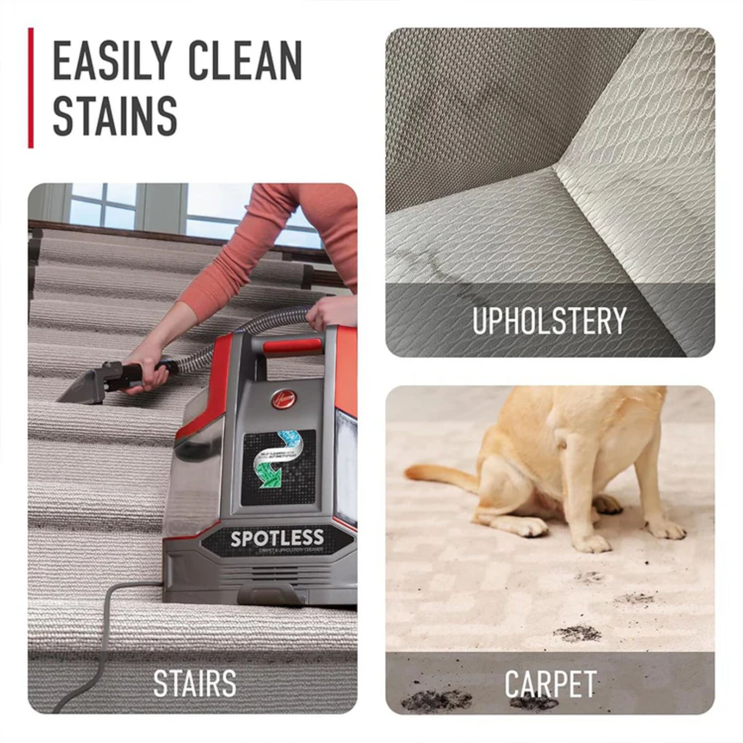 Hoover Spotless Carpet Cleaner, Portable Lightweight Carpet & Upholstery Multi Surfaces Cleaner For Car Seats, Sofa, Carpets, Outdoor & More – 400 W  Red