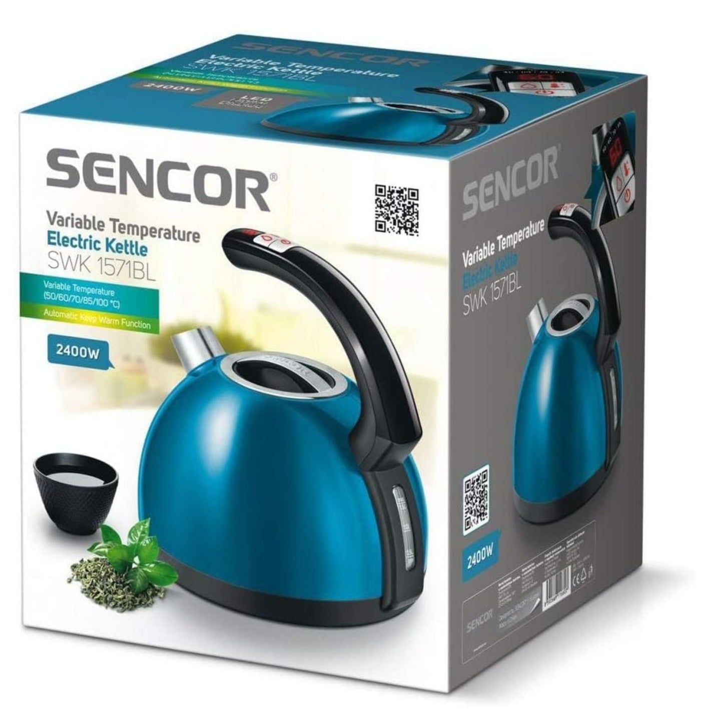 Electric Kettle with Display and Power Cord Base, Blue (Metallic) 1.5L