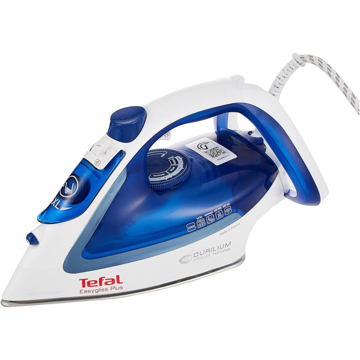 Tefal easygliss durilium airglide soleplate steam iron, 2400 watts, blue/white,