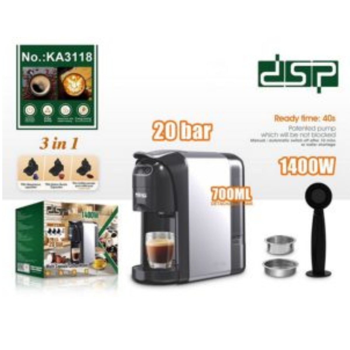 DSP , 3-in-1 Capsule Coffee Machine 1.5L 800W