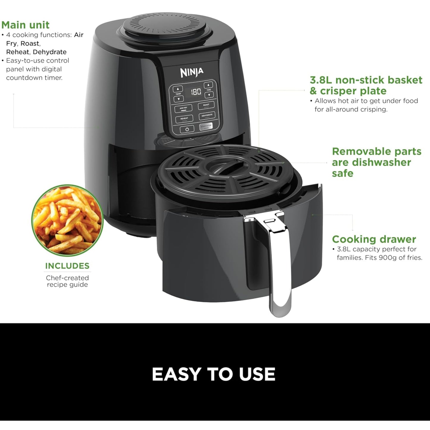 Ninja Air Fryer with 4 Cooking Functions, Air Fry, Roast, Reheat, Dehydrate, 3.8L, 1550 Watts, Grey And Black, AF100ME , 2 Years Warranty