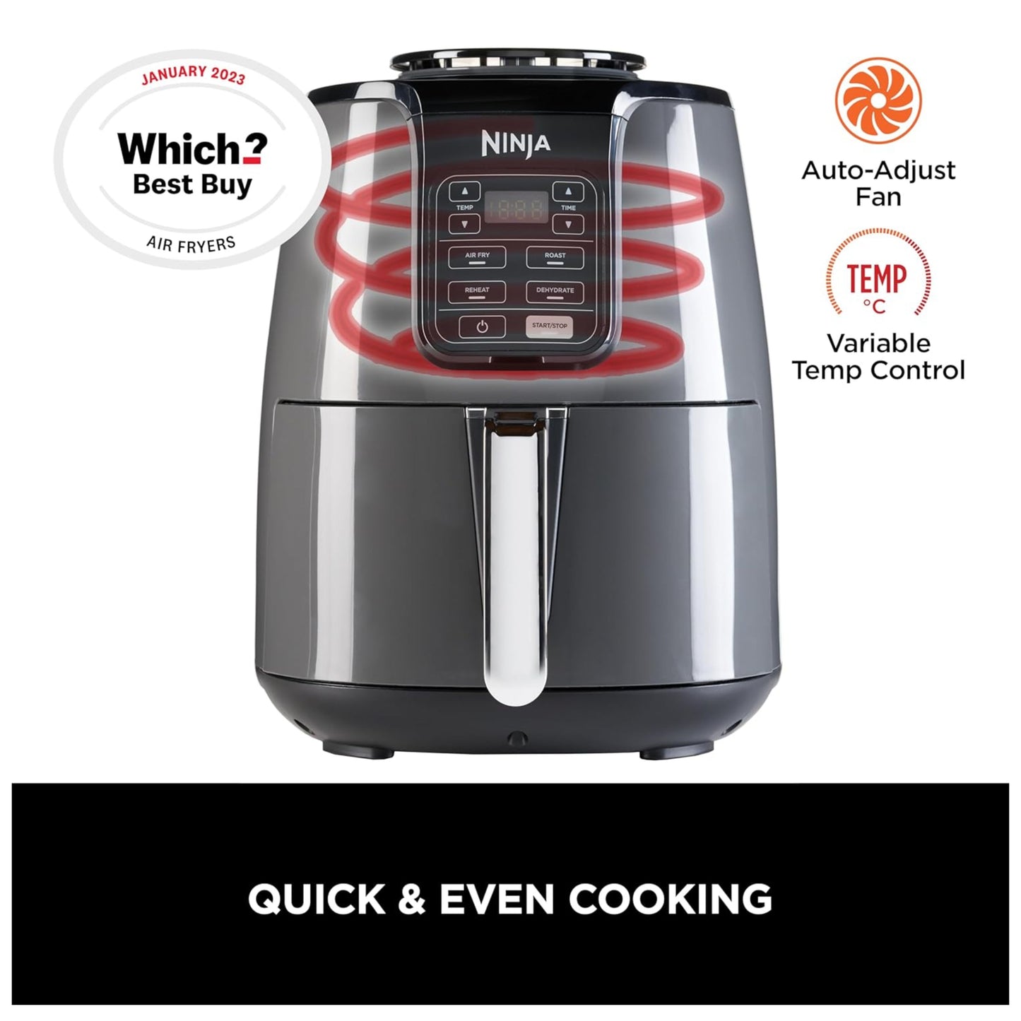 Ninja Air Fryer with 4 Cooking Functions, Air Fry, Roast, Reheat, Dehydrate, 3.8L, 1550 Watts, Grey And Black, AF100ME , 2 Years Warranty