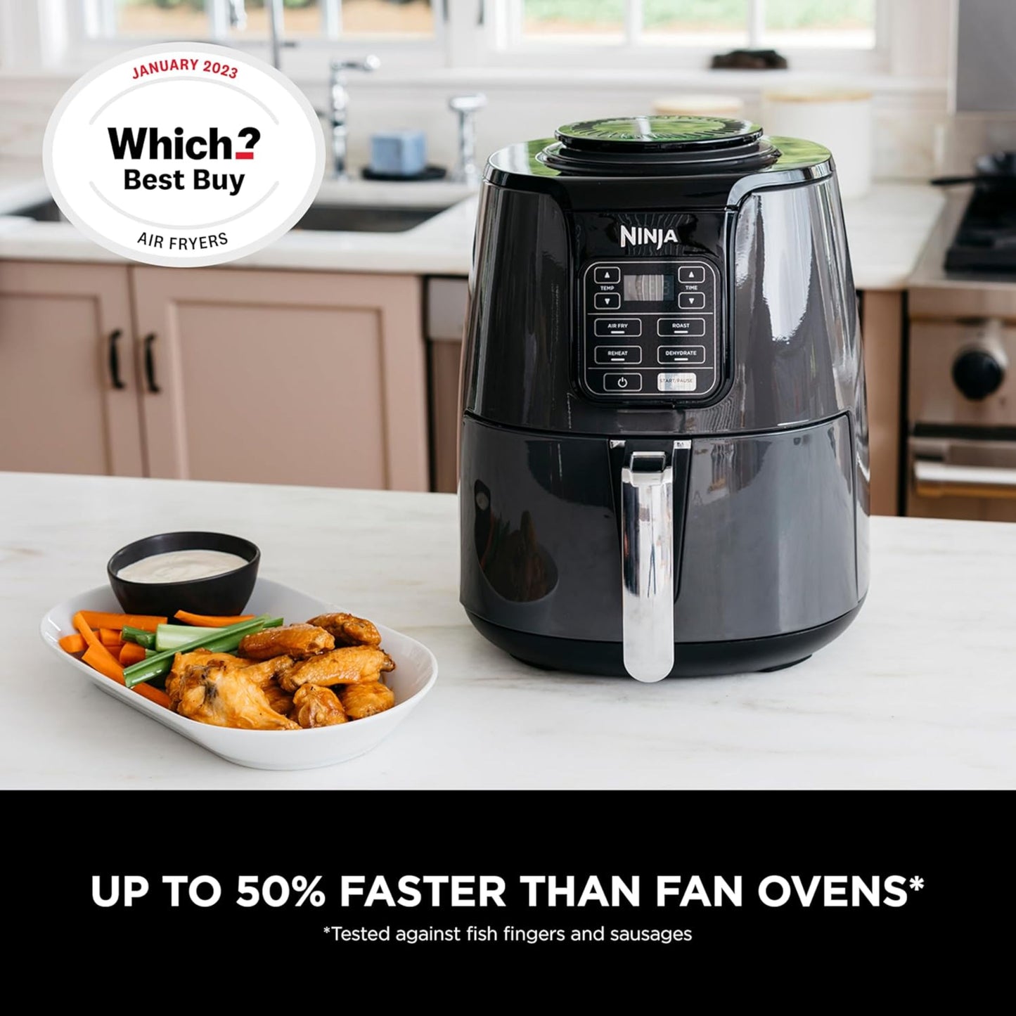 Ninja Air Fryer with 4 Cooking Functions, Air Fry, Roast, Reheat, Dehydrate, 3.8L, 1550 Watts, Grey And Black, AF100ME , 2 Years Warranty