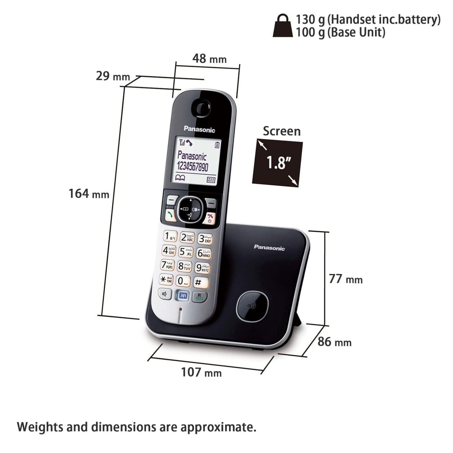 Panasonic  Single Dect Cordless Telephone, Black&Grey