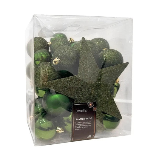 Baubles shatterproof matt, shiny, glitter mix Green 33pcs 8cm