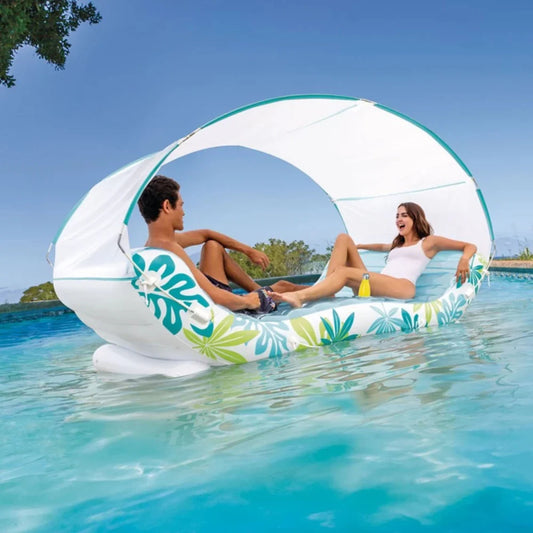 Intex Tropical Canopy Lounge, an inflatable two-person floating lounge designed for relaxation in pools, lakes, or other water bodies.  224 x 150 x 165 cm