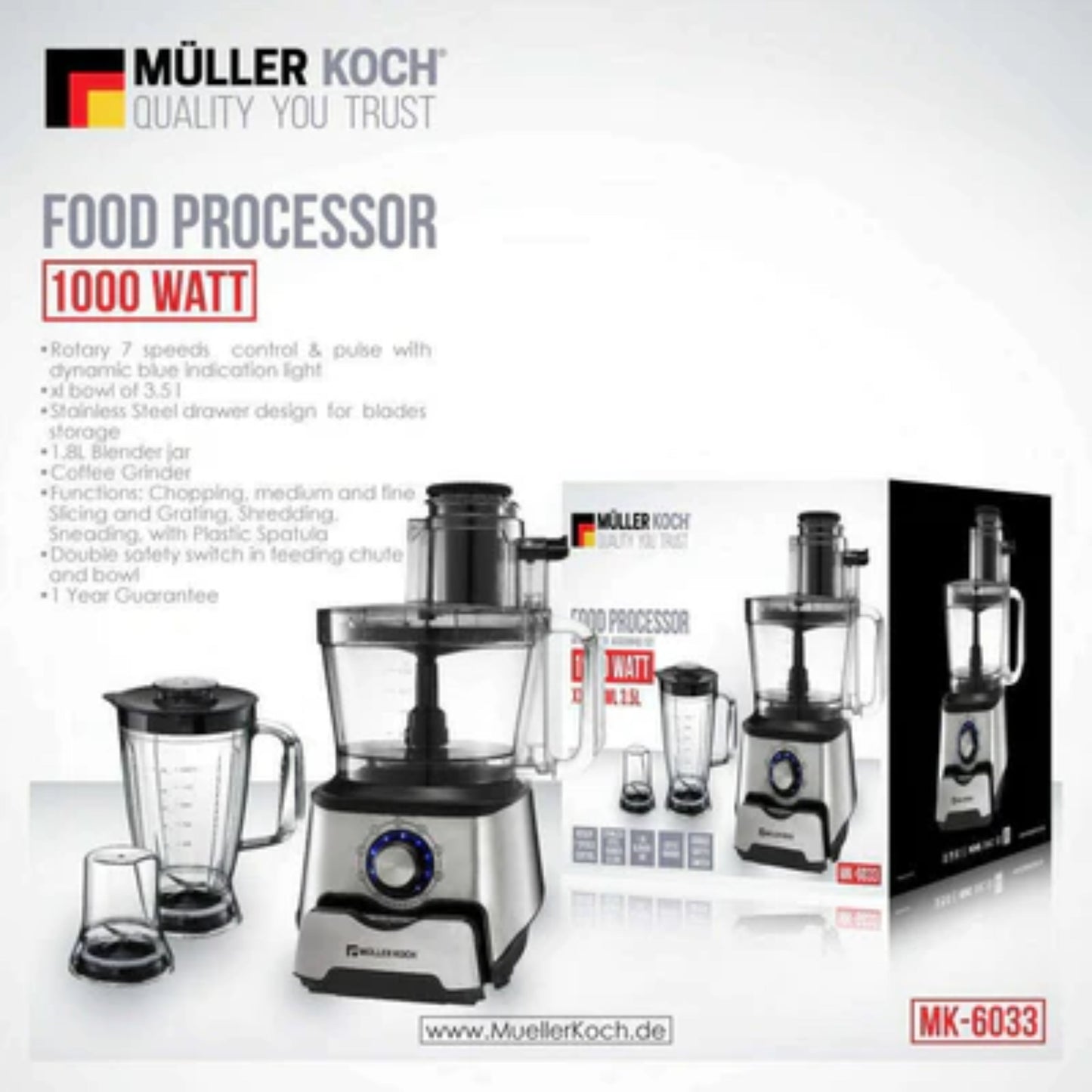Multifunctional Food Processor, Blender, Mixer System, Citrus Juicer (1000W, compact 5-in-1 Setup,