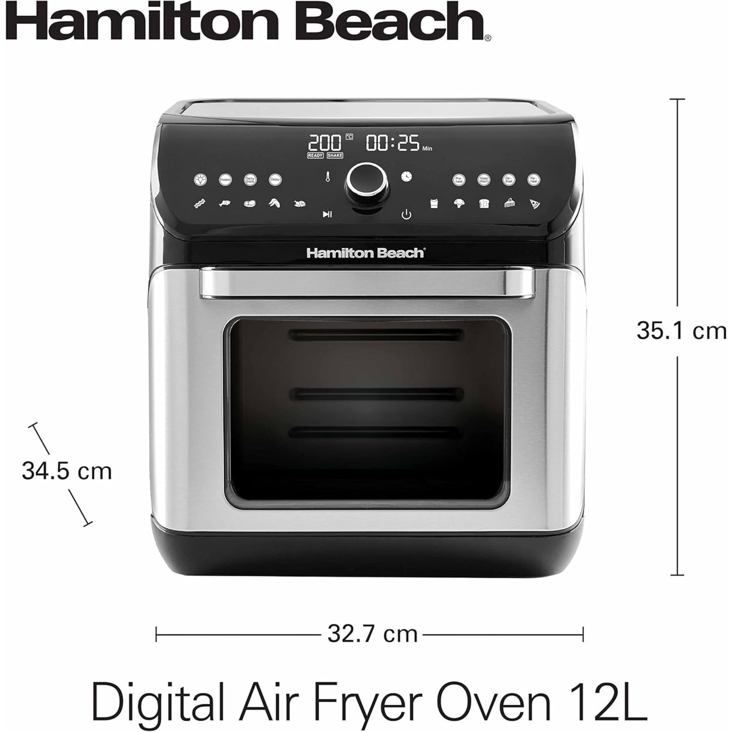 Hamilton Beach 12L Digital Air Fryer Oven, 16 cooking modes and 7 accessories to airfry, bake, roast, rotisserie grill, toast, dehydrate, defrost, reheat, keep warm,