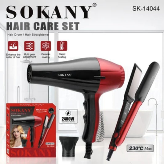 Set Of Sokany Hair Dryer 2400 Watts And Hair Straightener 230°C, Black Red - SK-14044