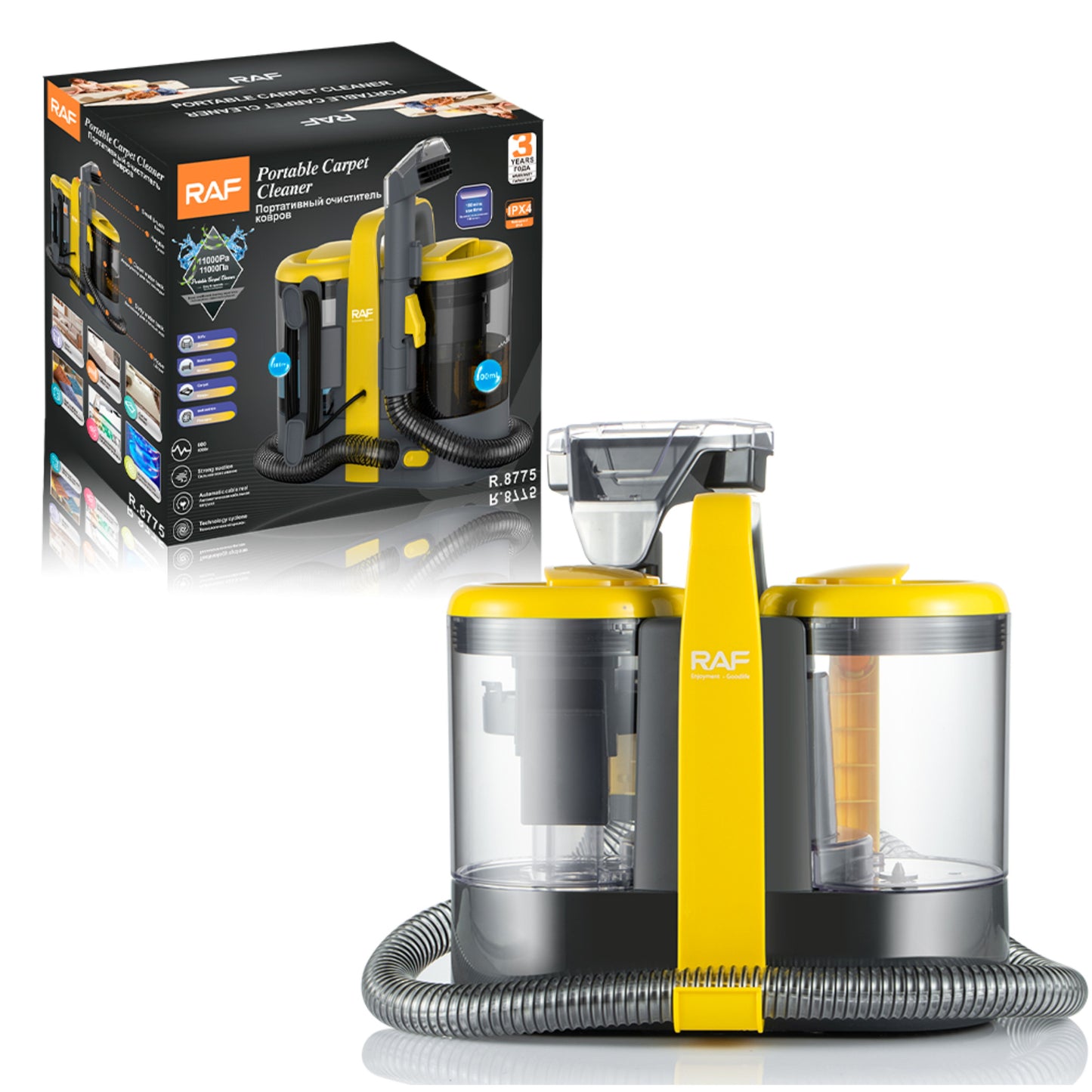 RAF  Upright Steamspot & Carpet Cleaner, 15KPA Power with Dual Tanks (1500ml Clean + 800ml Dirty), 80dB Operation Noise, 600W Power, Bagless, Black/Yellow | R.8775