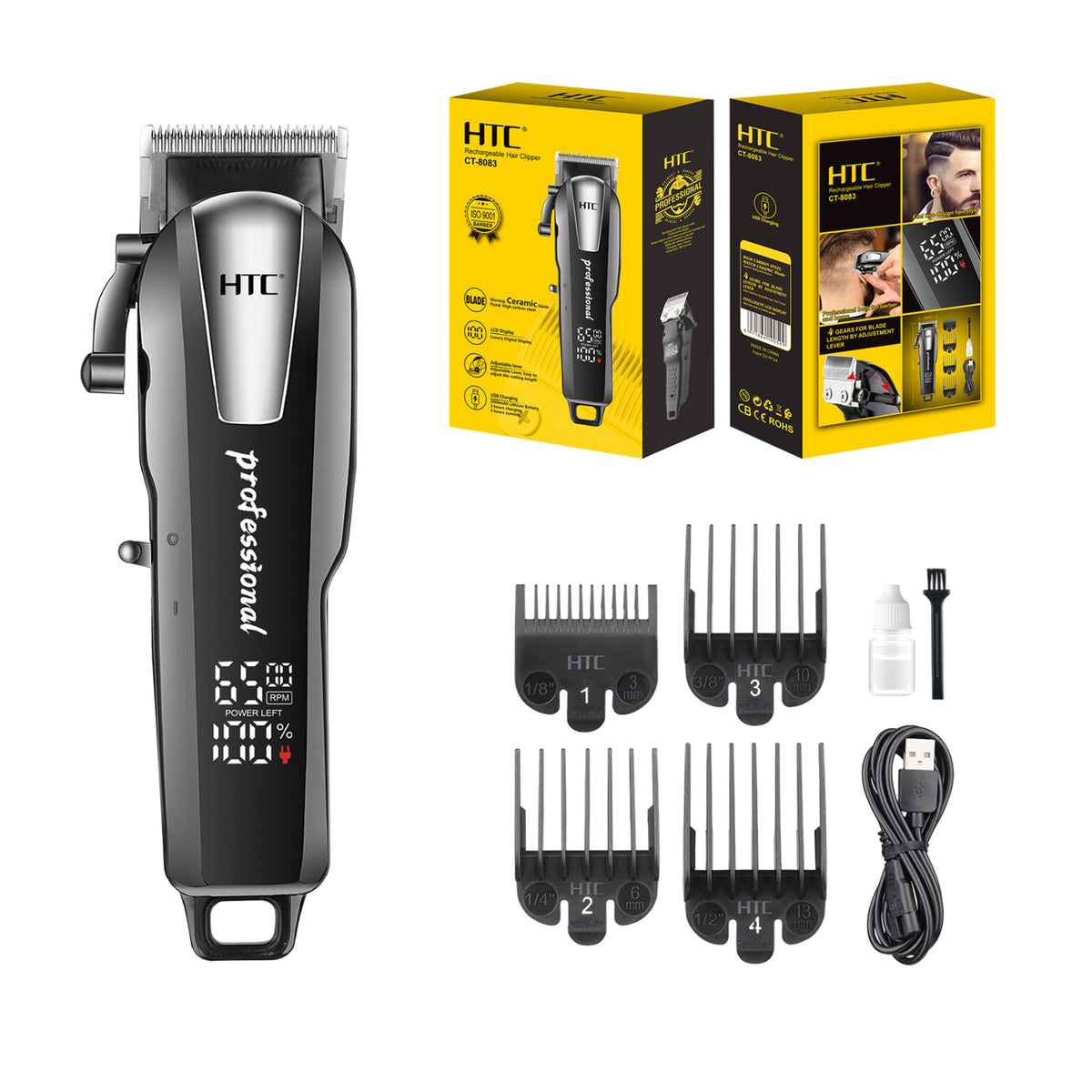HTC  OEM 180min LCD Display Powder Metallurgy Blade Wholesale Barber Salon Supply Cordless Professional Hair Clipper